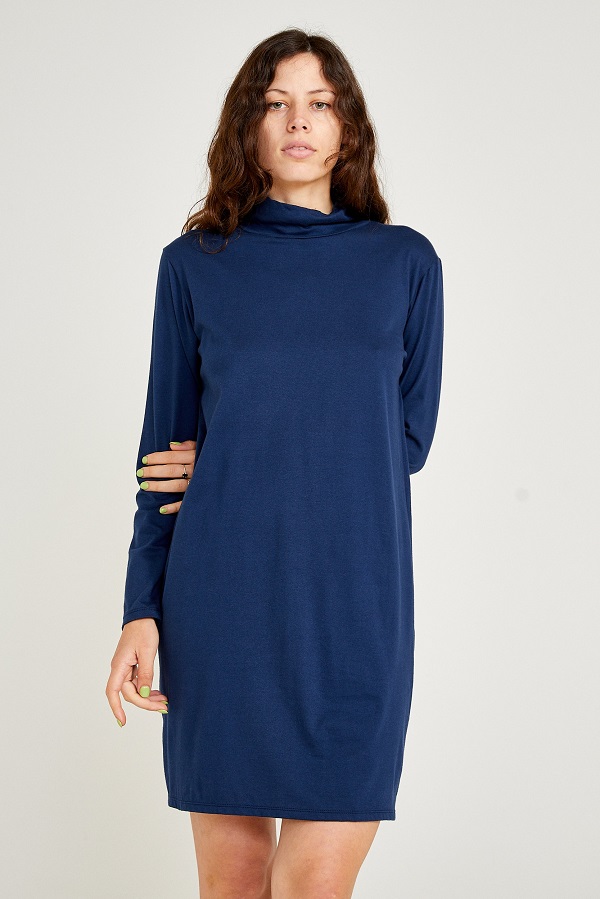 woman in vege threads blue tunic dress